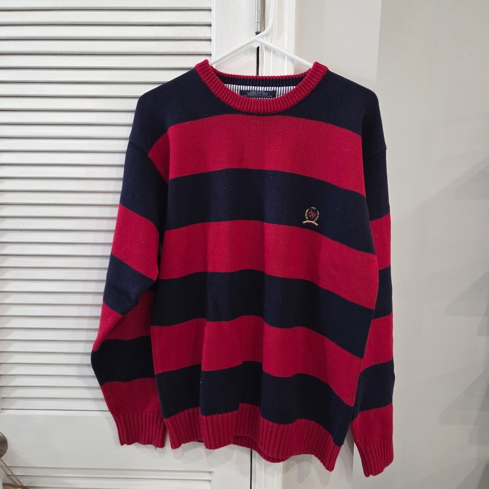 Vintage Mens Tommy Hilfiger Red & Navy Crewneck Sweater Size Large